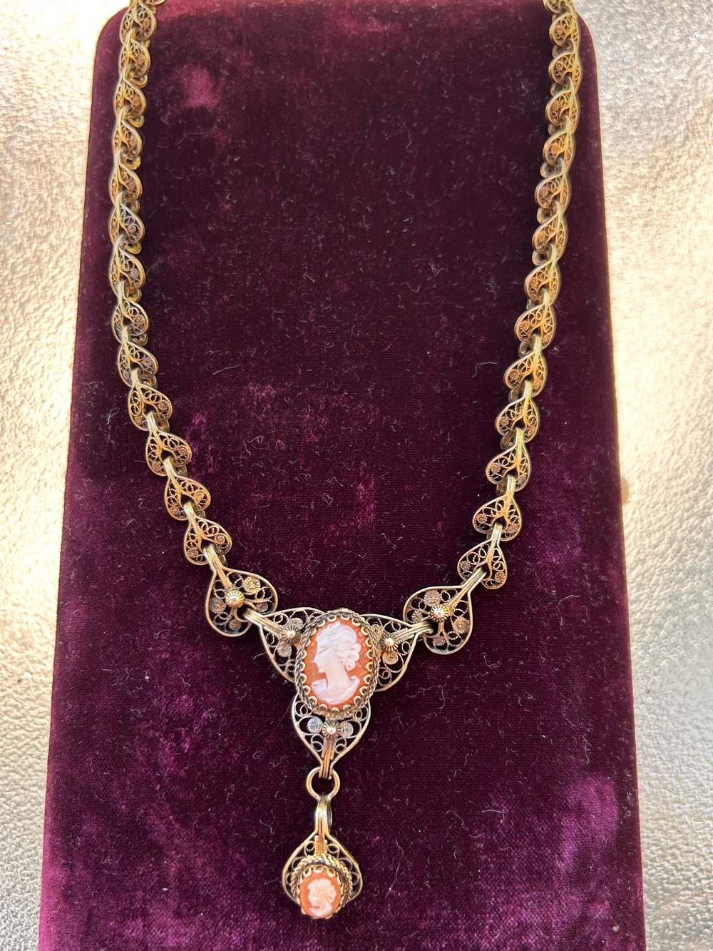 Antique 800 silver & gold vermeil filigree cameo necklace